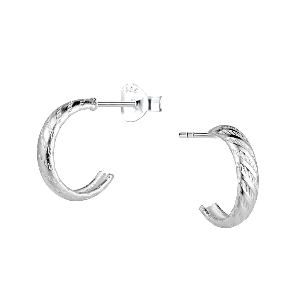 Silver Patterned Half Hoop Stud Earrings