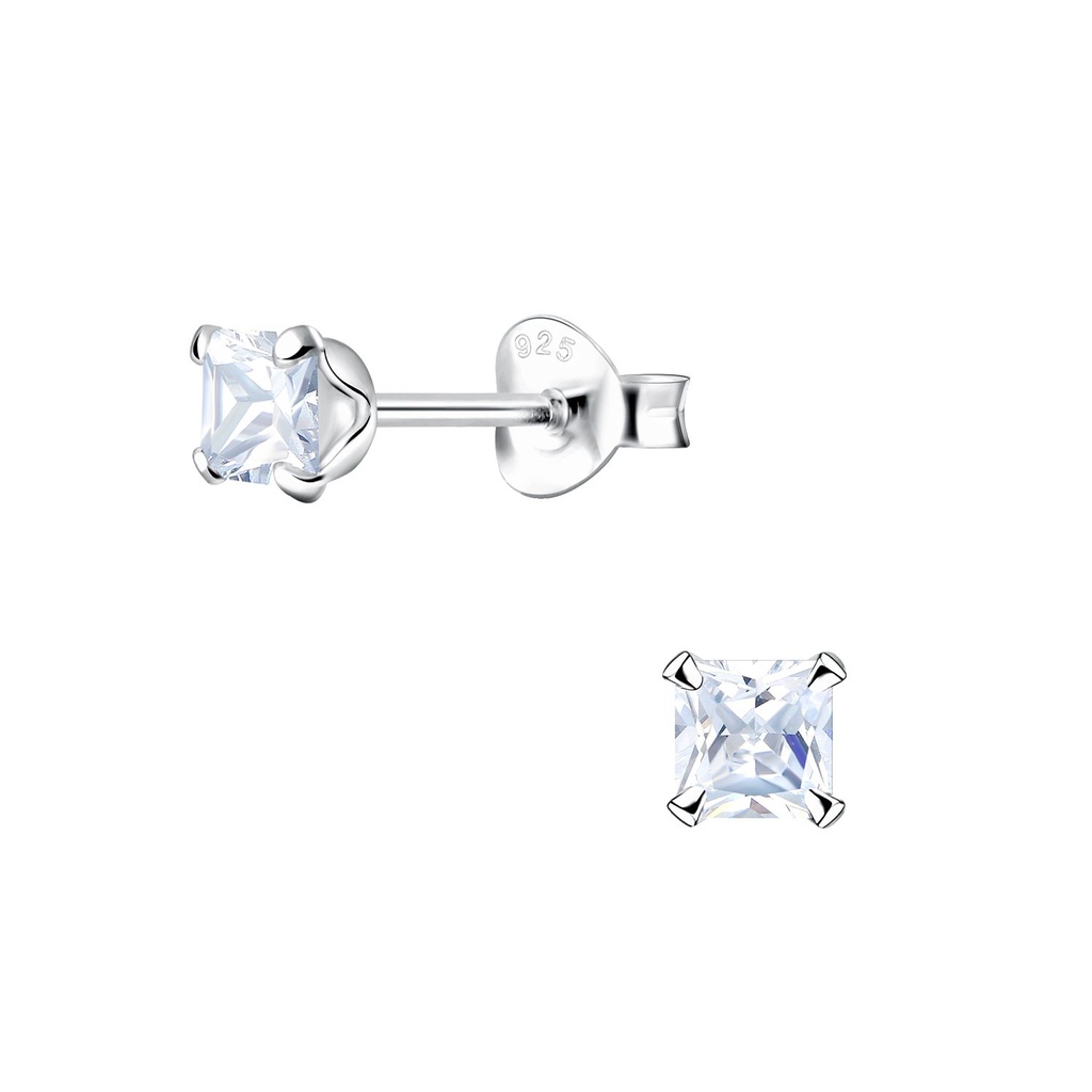 [10032701] Puces d'oreilles en argent zircon carré 4 mm