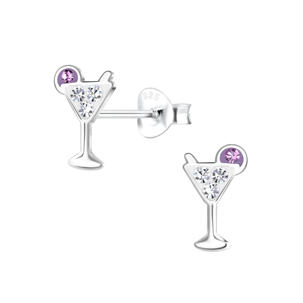 Silver Cocktail Glass Stud Earrings (Crystal)
