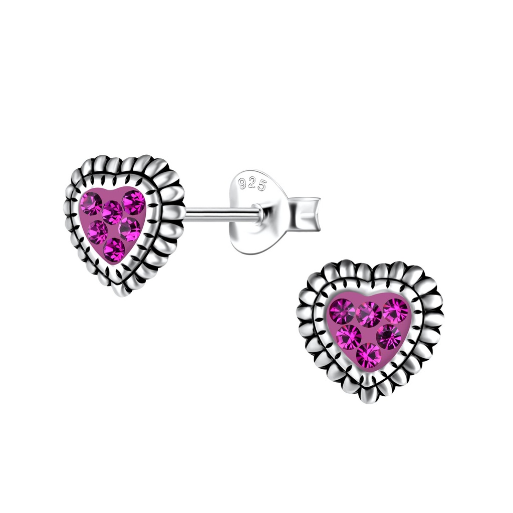 [10032601] Silver Heart Stud Earrings (Fuchsia)