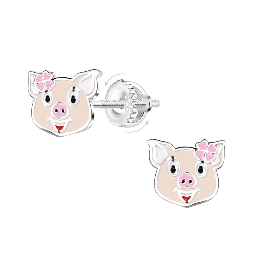 Silver Pig Screw Back Earrings