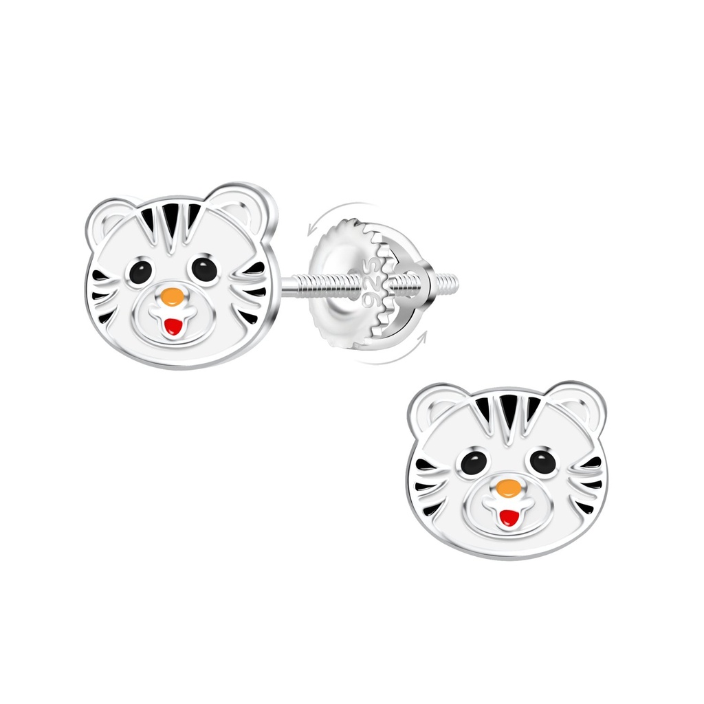 Silver Tiger Screw Back Earrings