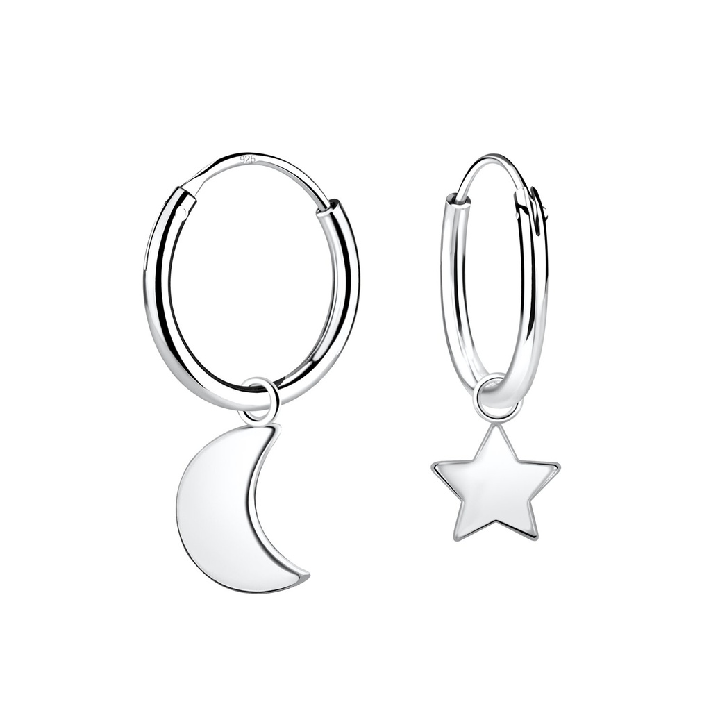Silver Moon and Star Charm Hoop Earrings