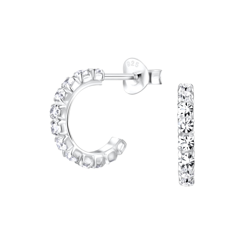 Silver Crystal Half Hoop Stud Earrings