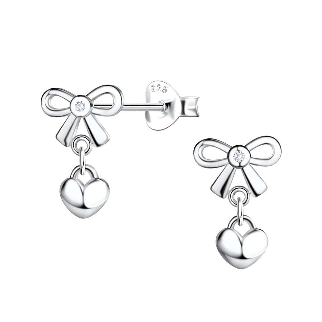 [10032503] Silver Bow Stud Earrings with Hanging Heart