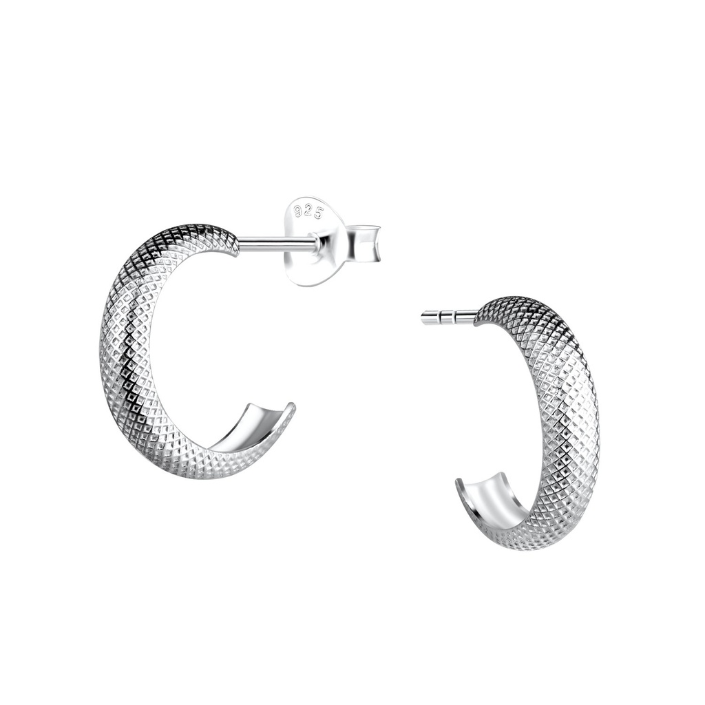 Silver Patterned Half Hoop Stud Earrings