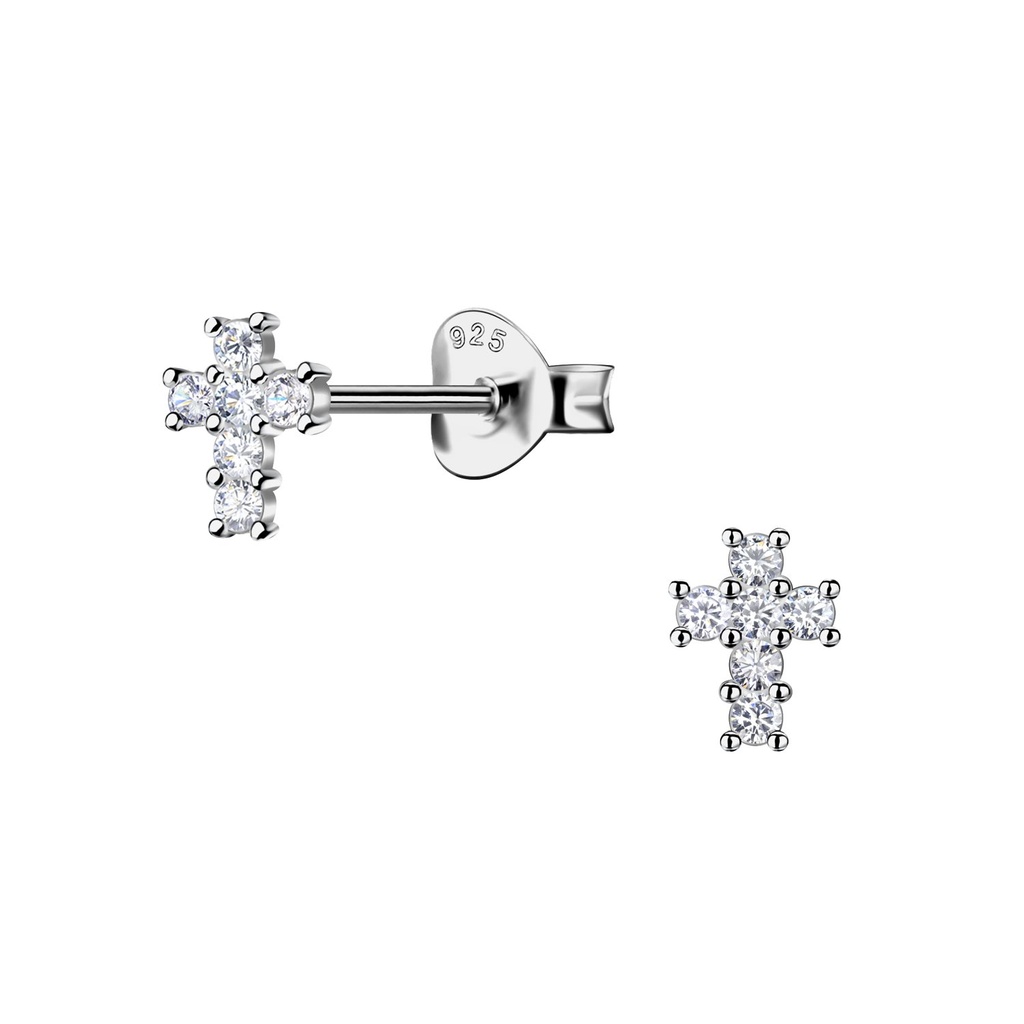 Silver Cross Cubic Zirconia Stud Earrings
