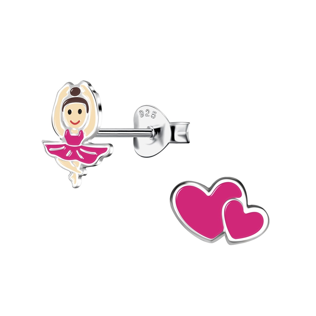 Puces d'oreilles cœur double et ballerine en argent