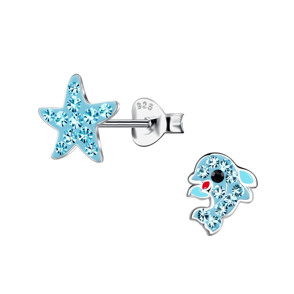 Puces d'oreilles étoile de mer et dauphin en argent