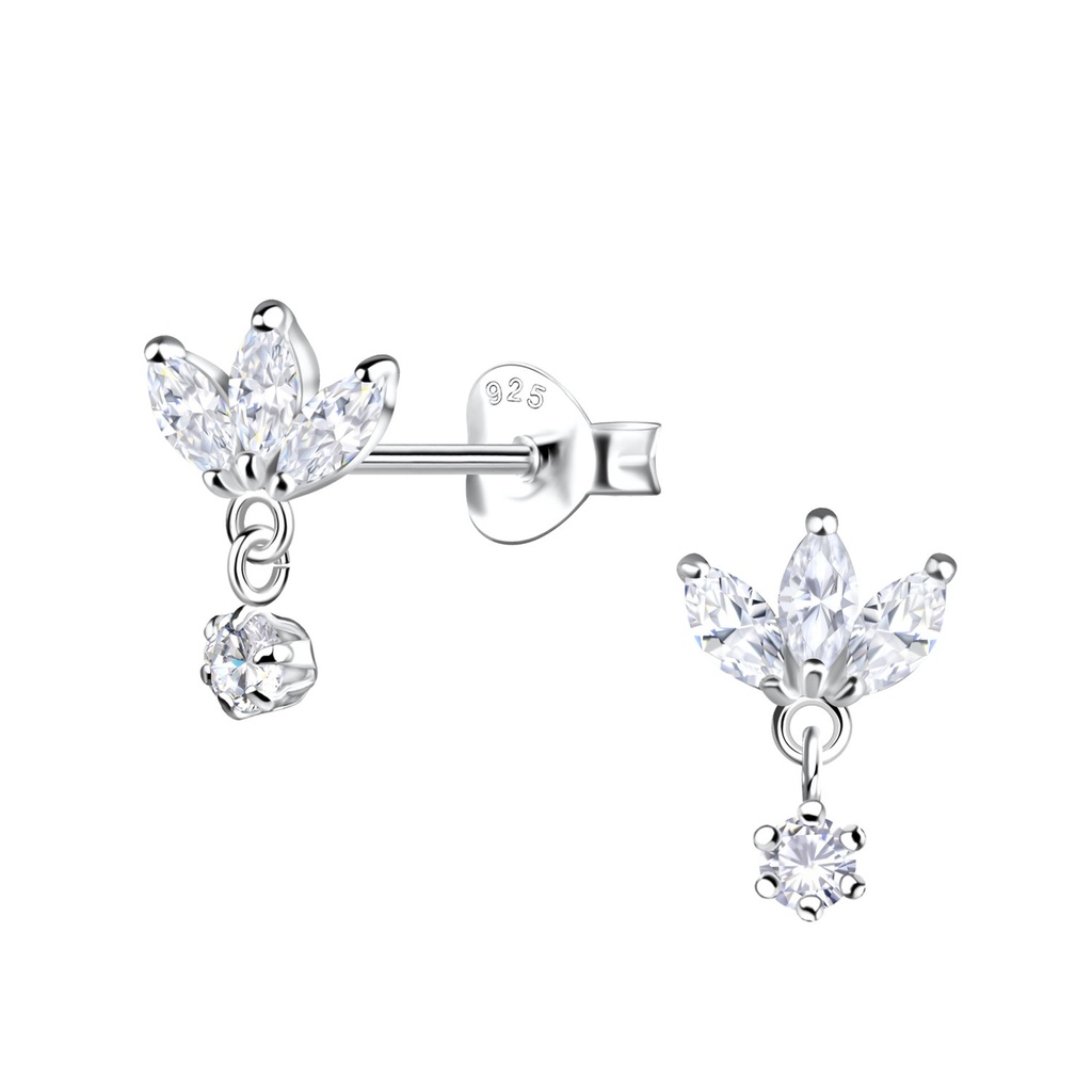Puces d'oreilles fleur en argent avec pierre pendante