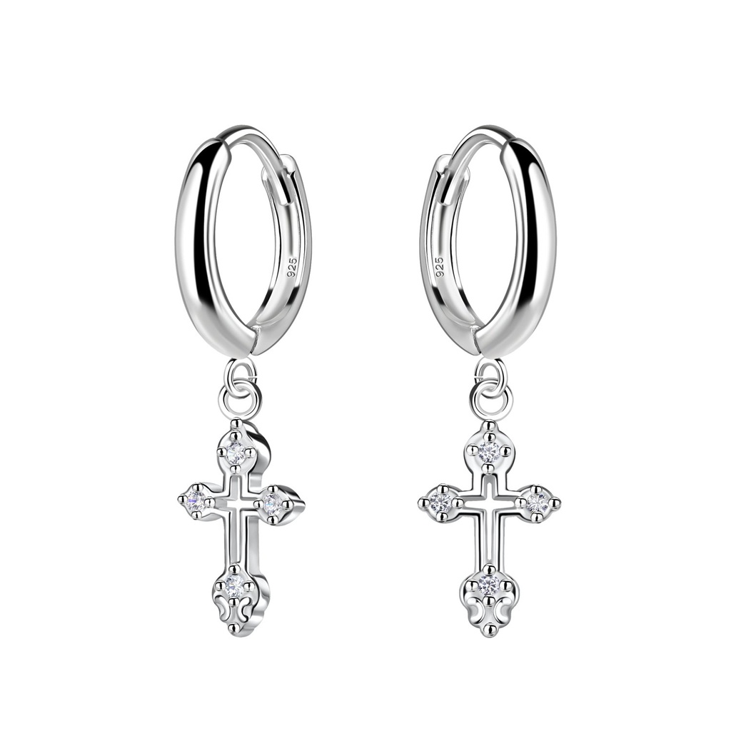 Créoles huggie breloque croix en argent