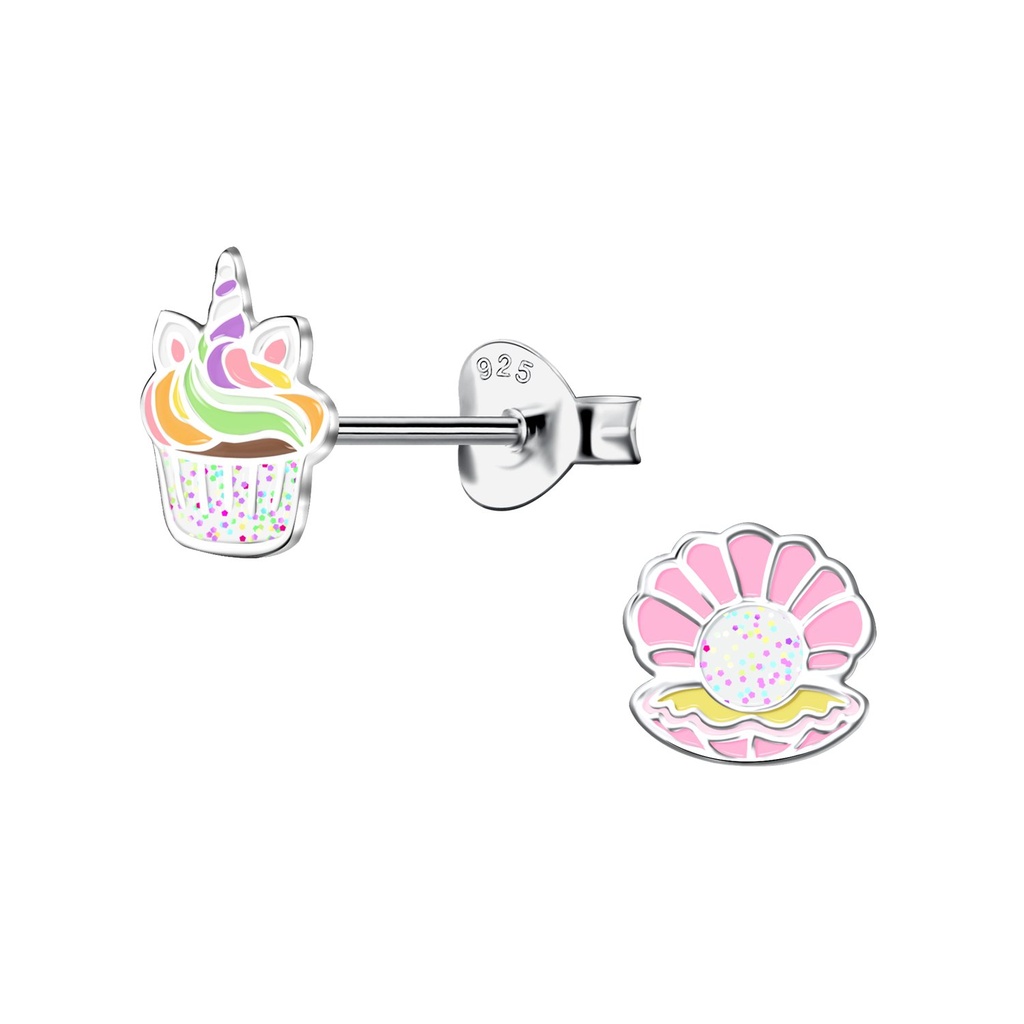 Silver Unicorn Cupcake and Shell Stud Earrings