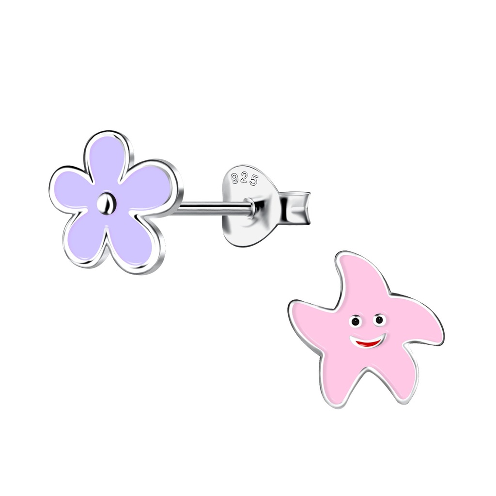 Puces d'oreilles étoile de mer et fleur en argent