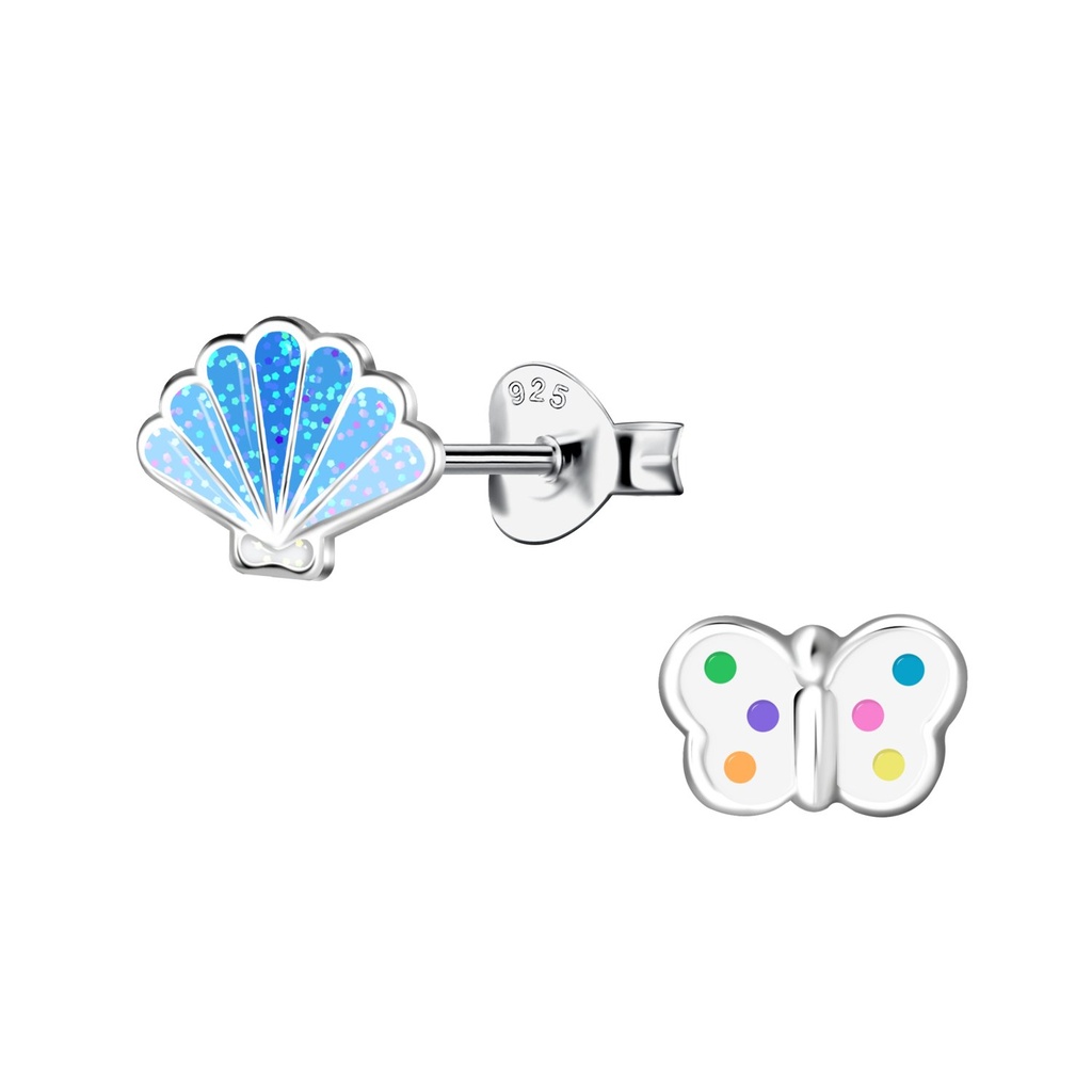 Puces d'oreilles coquillage et papillon en argent