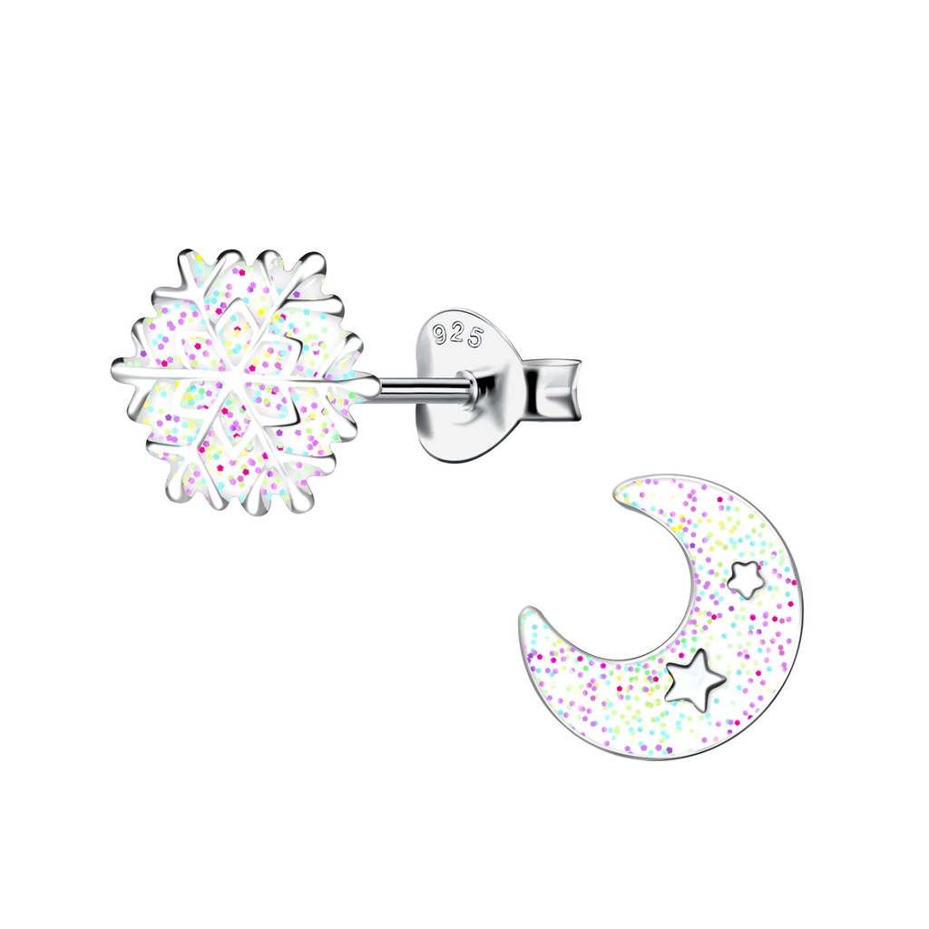 Silver Snowflake and Moon Stud Earrings