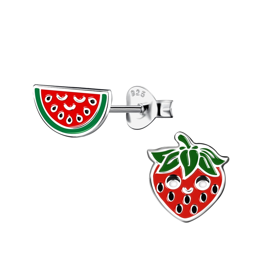 Silver Strawberry and Watermelon Stud Earrings