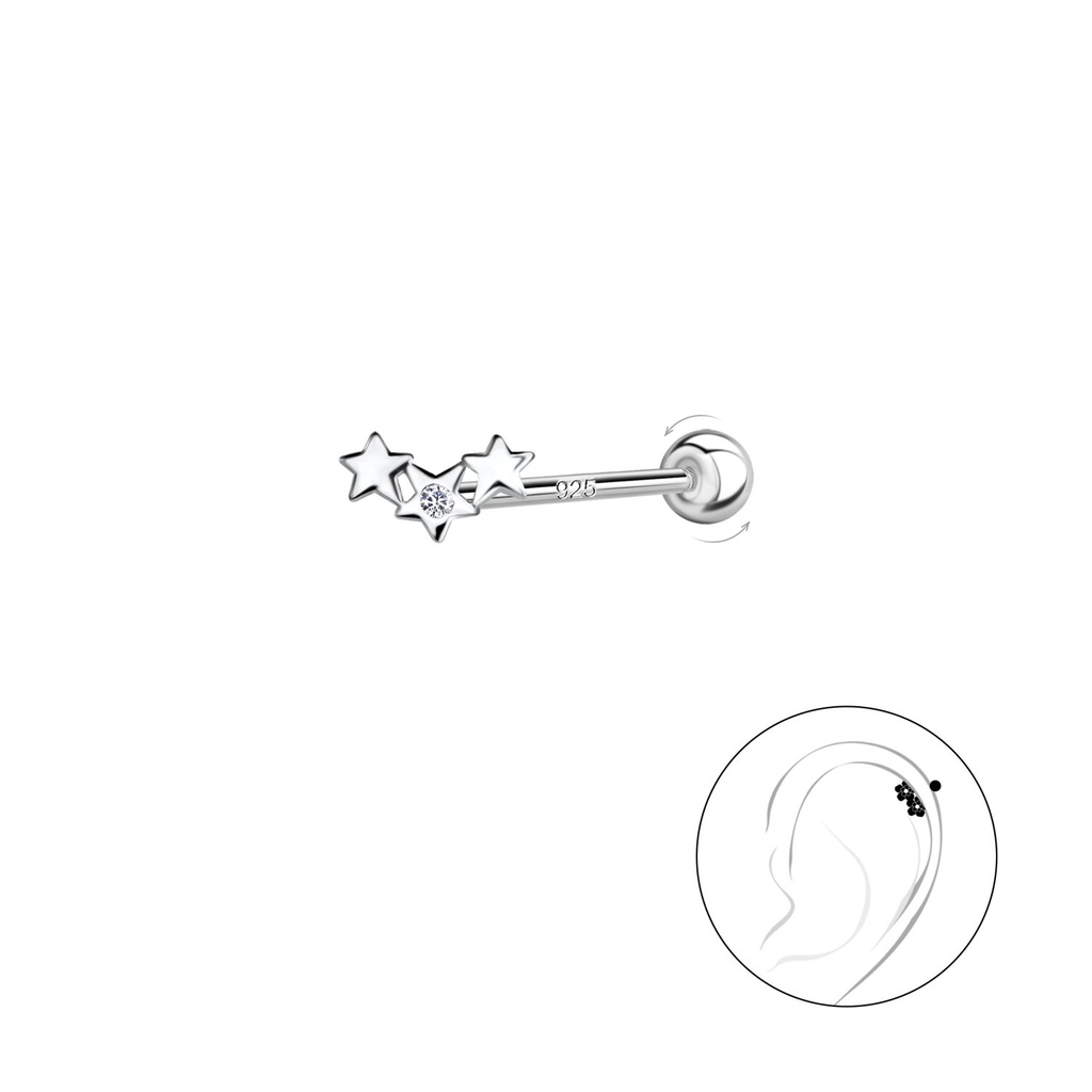 [10035392] Puce de cartilage étoile triple en argent avec fermoir à vis boule (0.8X6 mm)