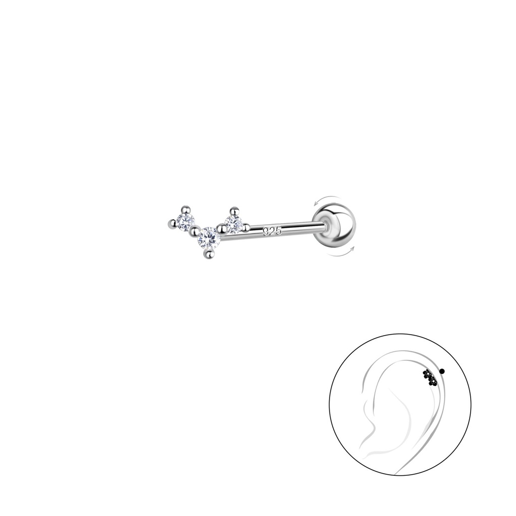 [10035365] Silver Three Stones Cartilage Stud with Ball Screw Back (0.8X6 mm)