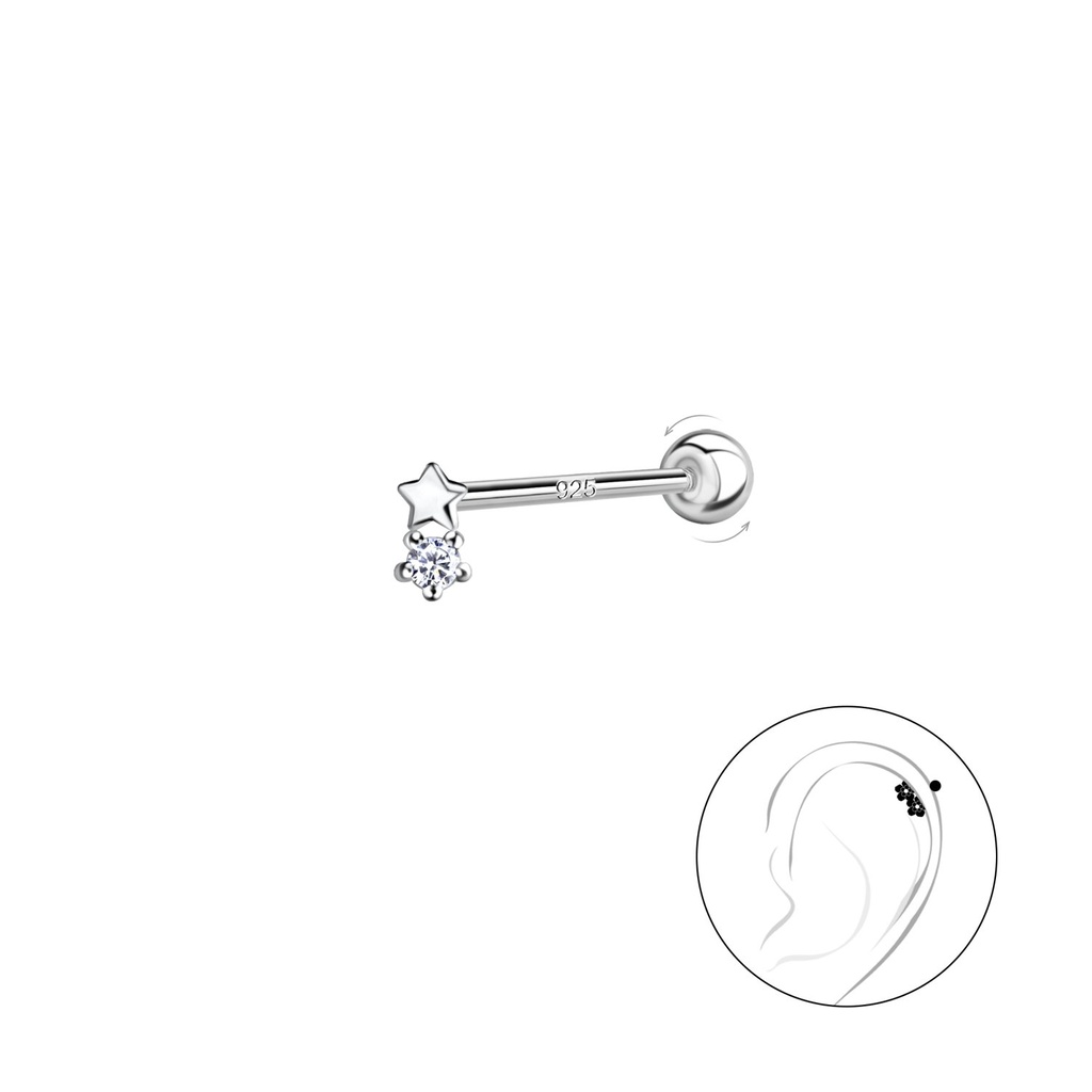 [10035326] Puce de cartilage étoile en argent avec fermoir à vis boule (0.8X6 mm)