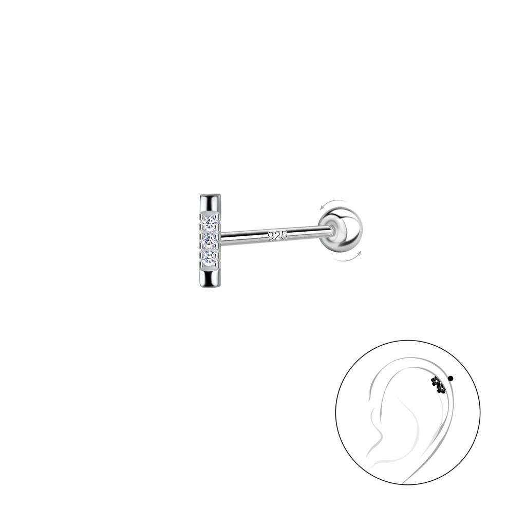 [10035413] Silver Bar Cartilage Stud with Ball Screw Back (0.8X6 mm)
