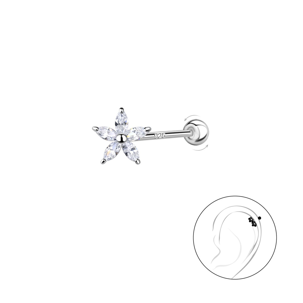 [10035395] Puce de cartilage fleur en argent avec fermoir à vis boule en argent (0.8X6 mm)