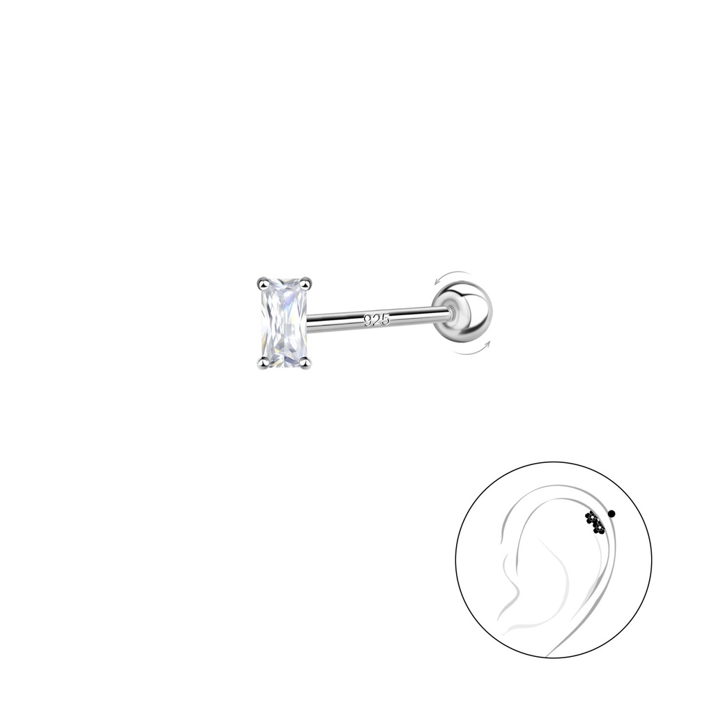[10031179] Puce de cartilage baguette en argent avec fermoir à vis boule en argent