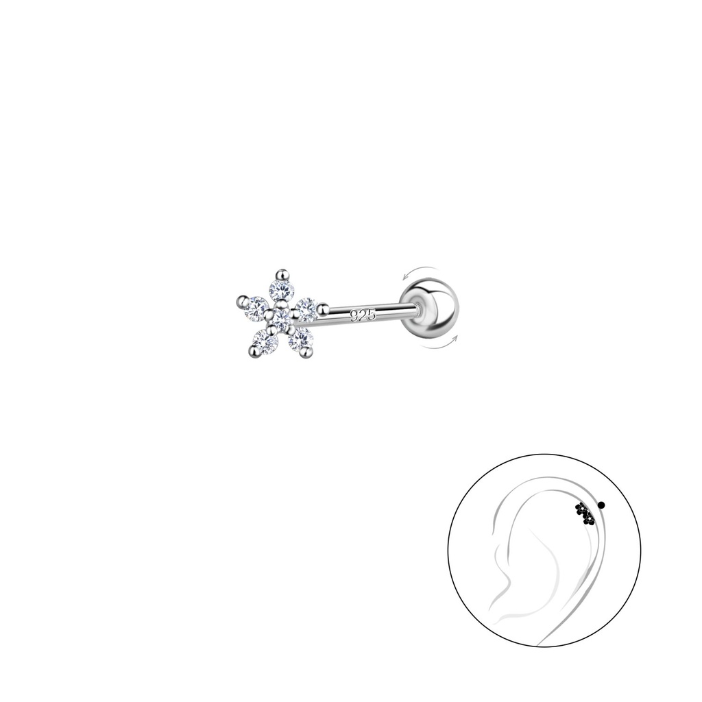 [10031190] Puce de cartilage fleur en argent avec fermoir à vis boule (0.8X6 mm)