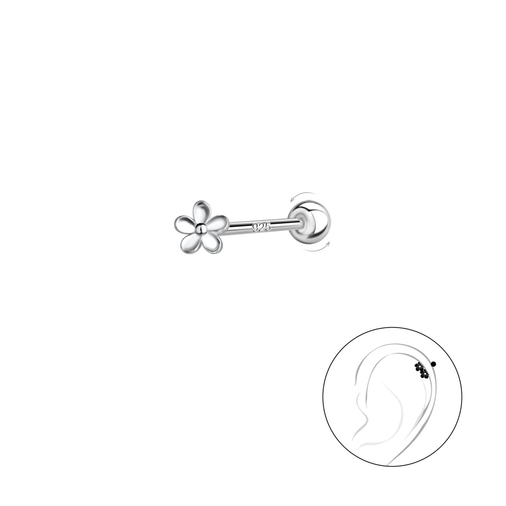 [10031177] Silver Flower Cartilage Stud with Silver Ball Screw Back (0.8X6 mm)