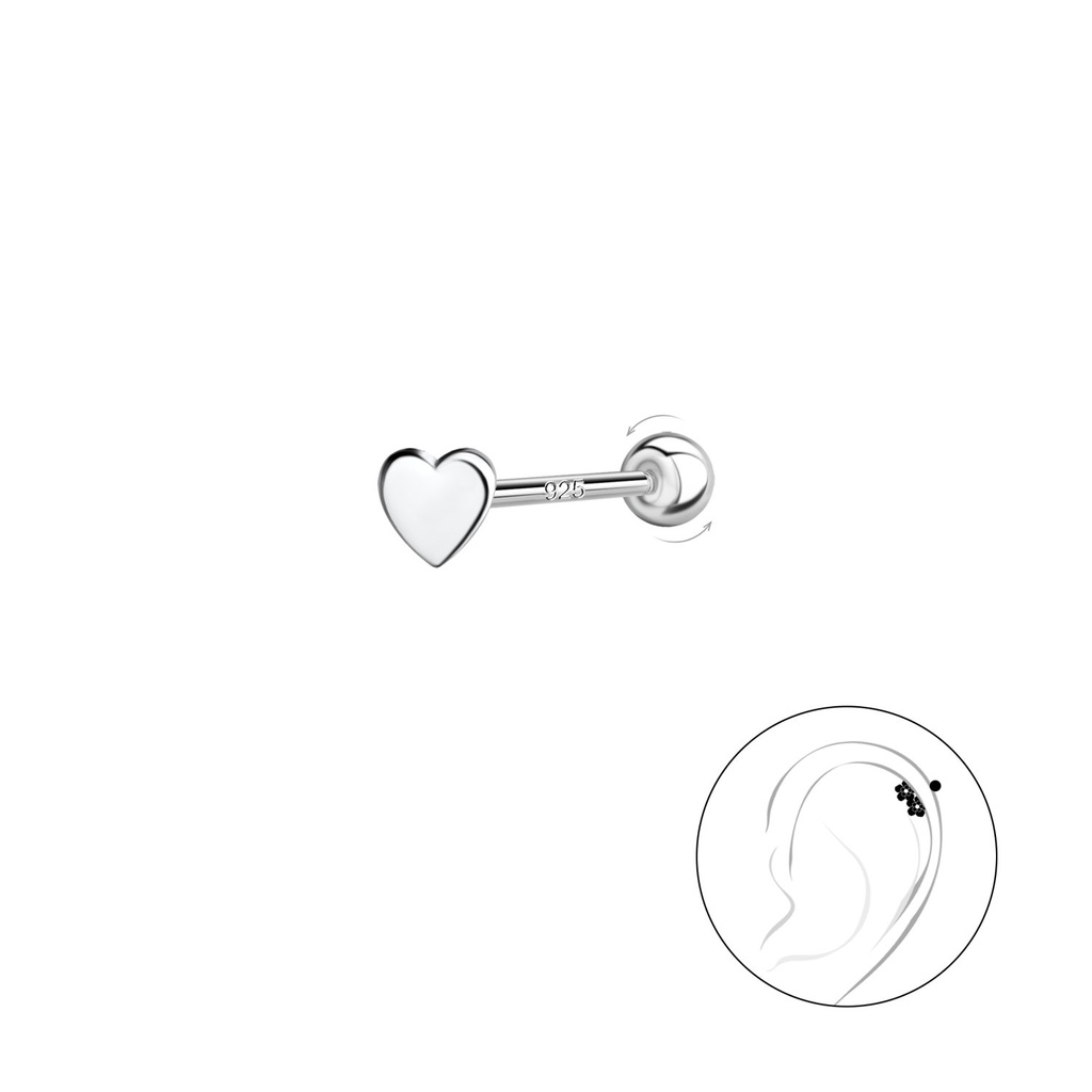[10031175] Puce de cartilage cœur en argent avec fermoir à vis boule en argent (0.8X6 mm)