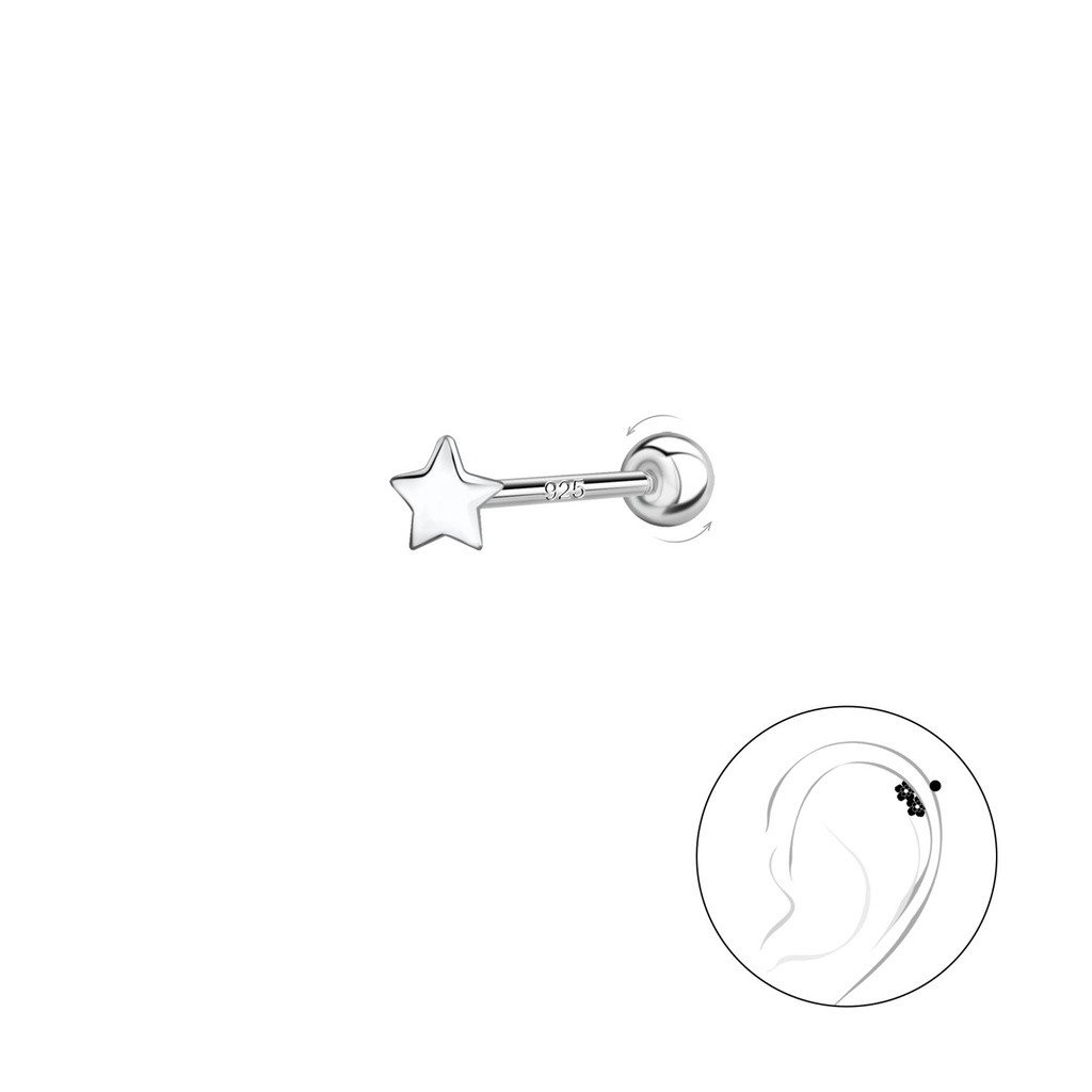 [10031173] Silver Star Cartilage Stud with Silver Ball Screw Back (0.8X6 mm)