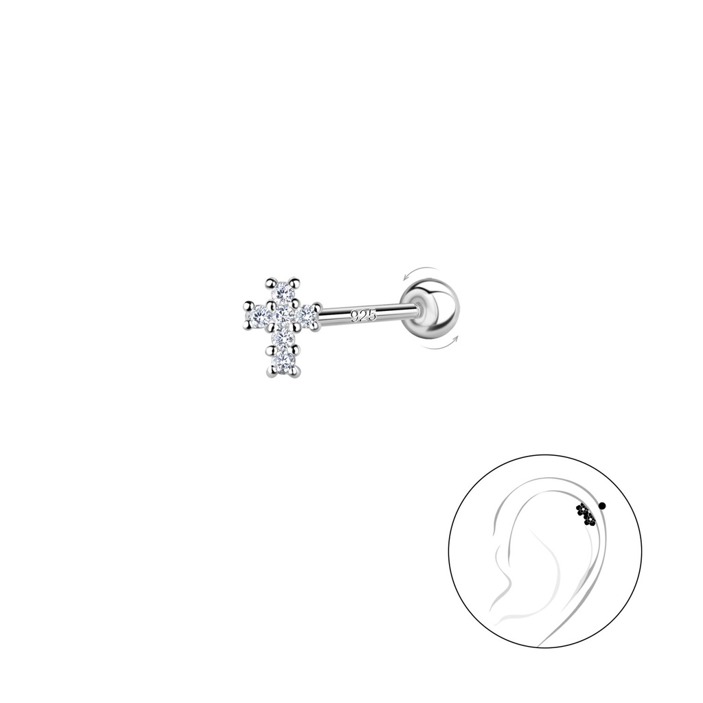 Puce de cartilage croix en argent avec fermoir à vis boule en argent
