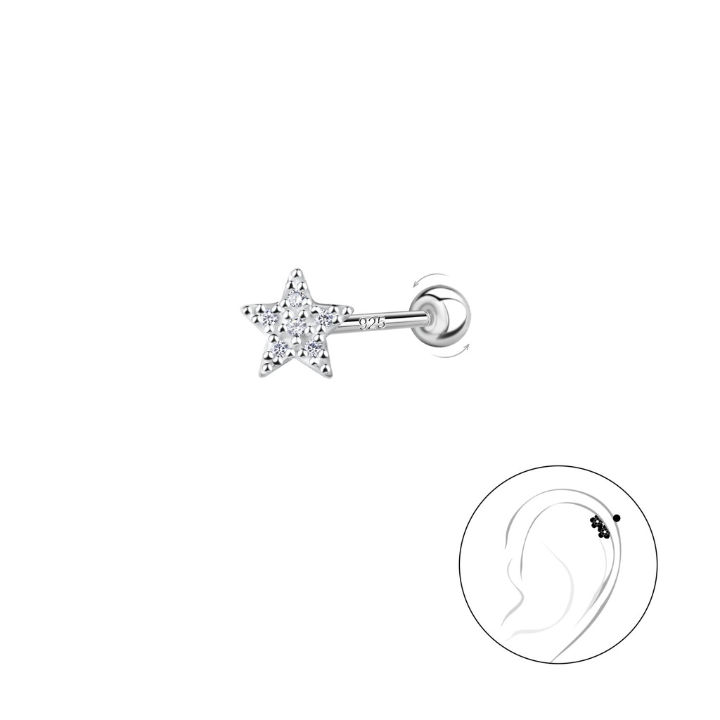 [10031171] Puce de cartilage étoile en argent avec fermoir à vis boule en argent (0.8X6 mm)