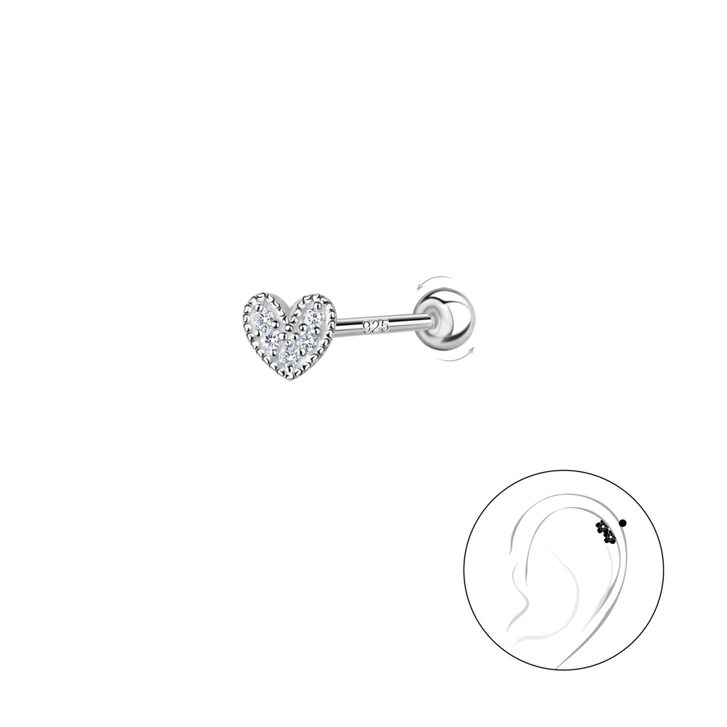 [10031170] Silver Heart Cartilage Stud with Silver Ball Screw Back (0.8X6 mm)