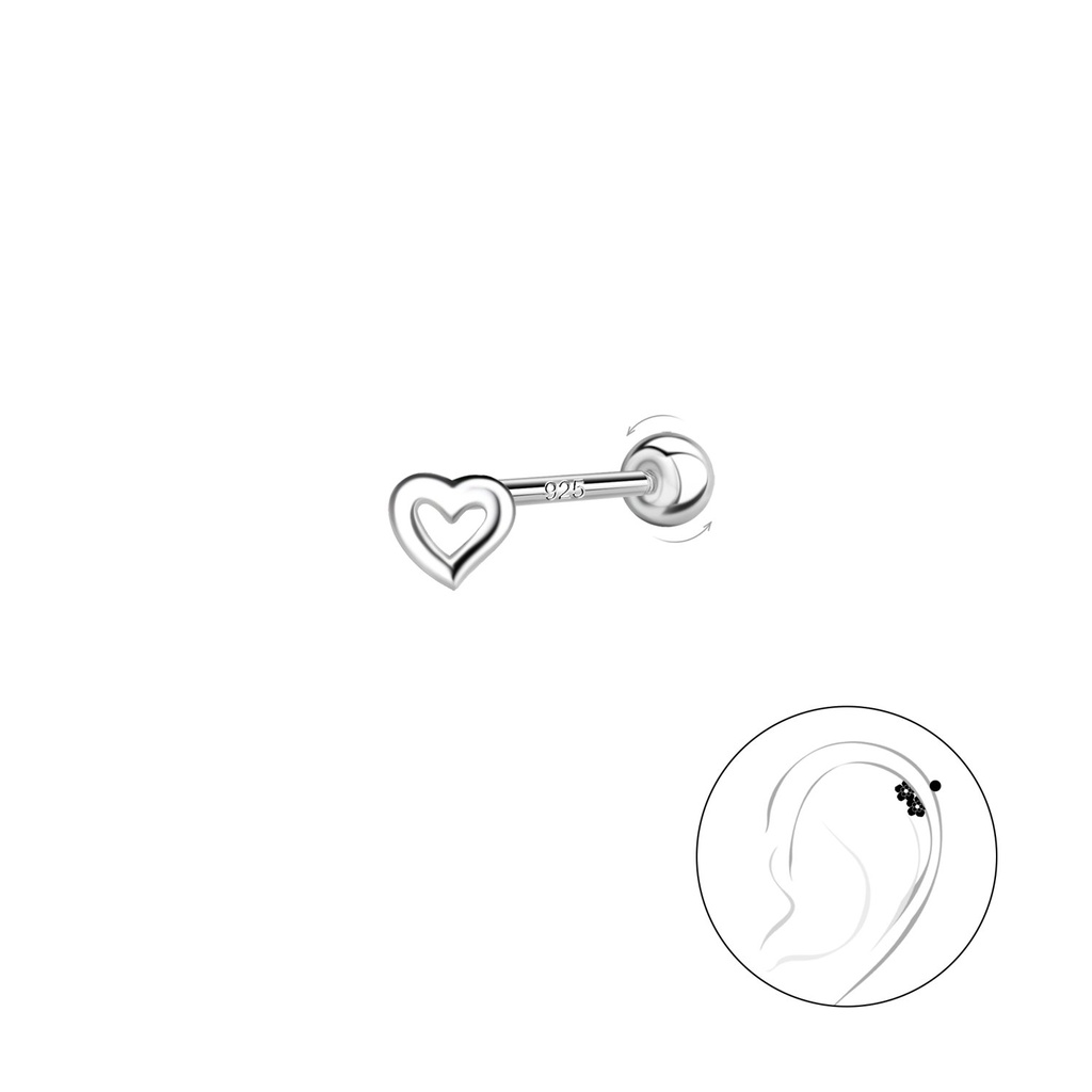 [10031166] Silver Heart Cartilage Stud with Silver Ball Screw Back (0.8X6 mm)