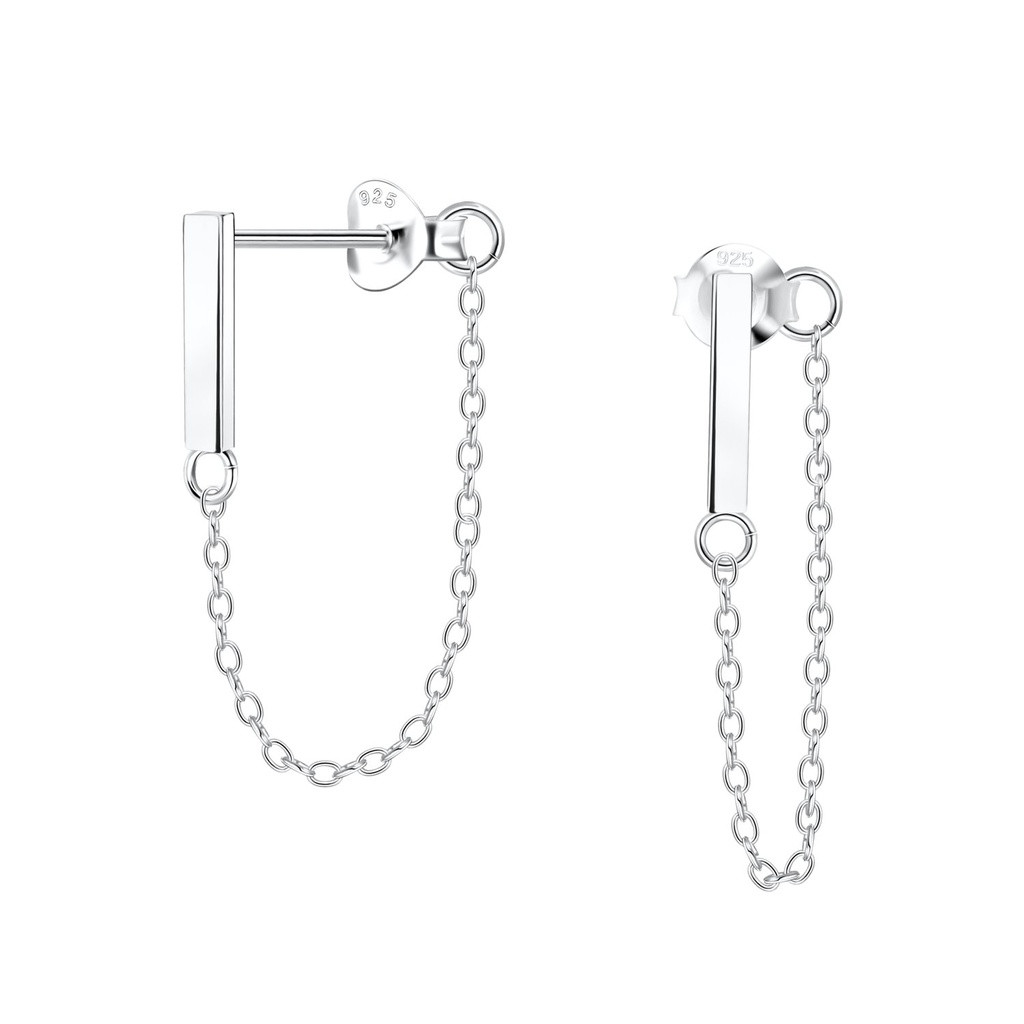 Puces d'oreilles barre en argent avec chaîne