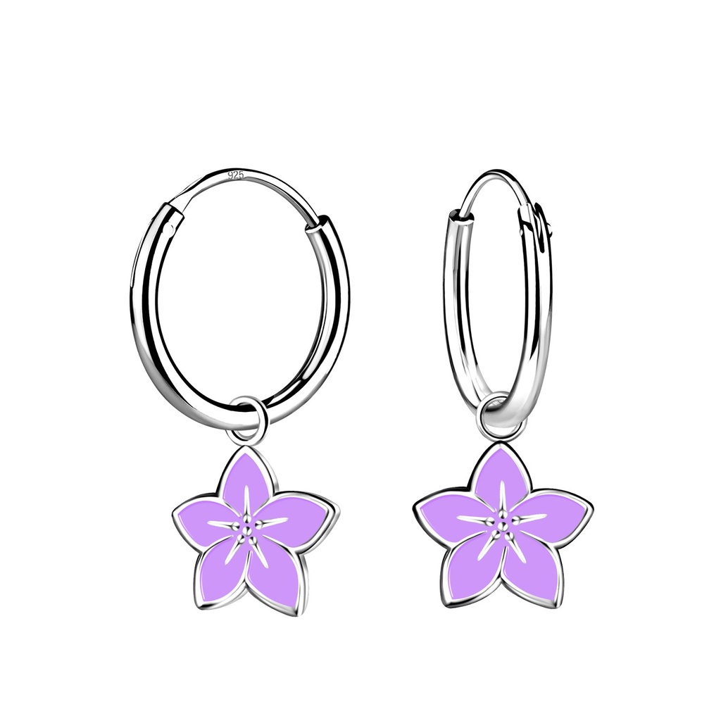 Silver Flower Charm Hoop Earrings