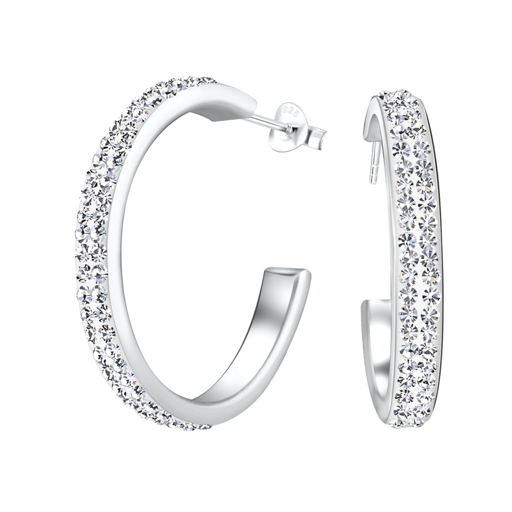 [10028071] Silver Half Hoop Crystal Stud Earrings