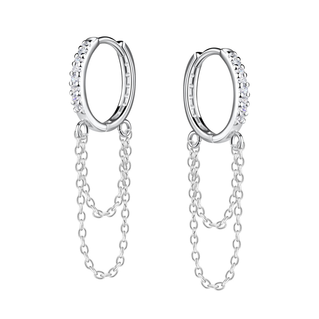 [10031526] Créoles huggie éternité en argent avec chaîne pendante