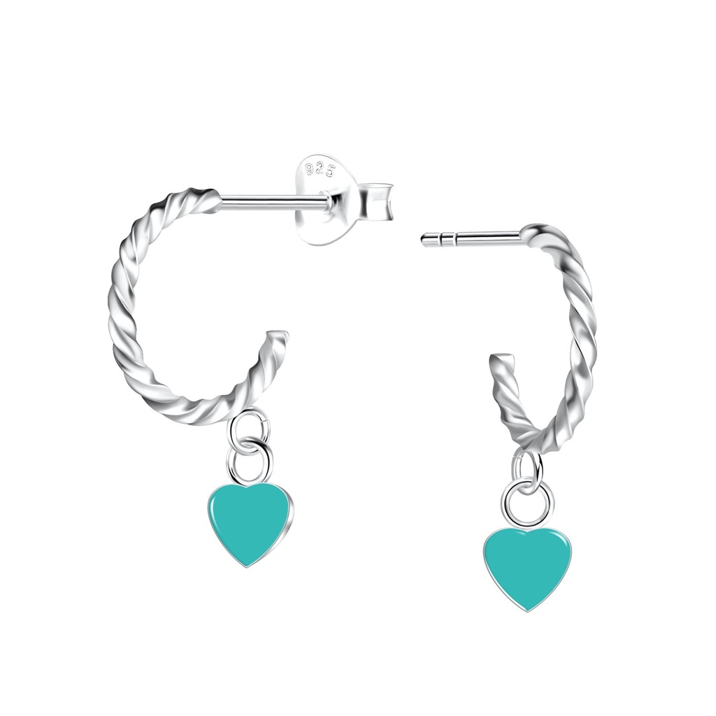 Silver Twisted Half Hoop with Hanging Heart Stud Earrings