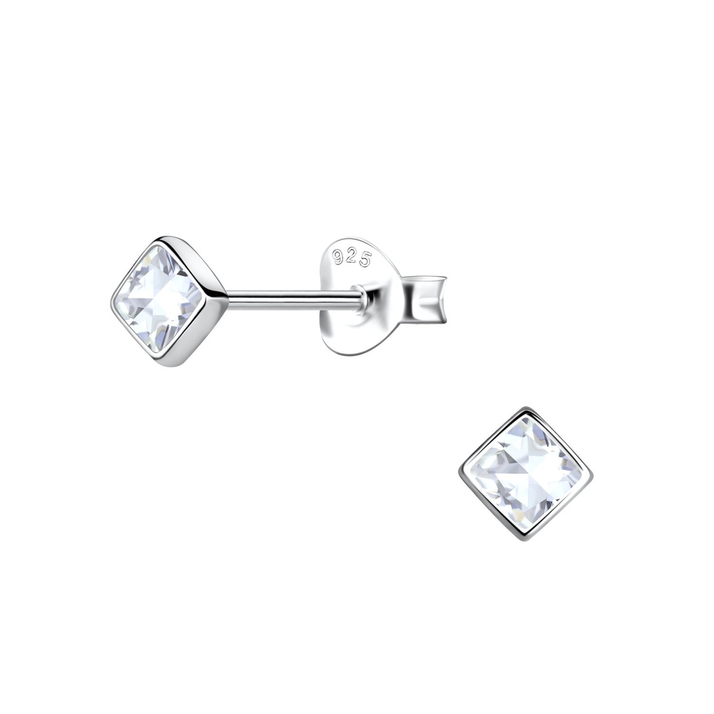3mm Square Cubic Zirconia Silver Stud Earrings