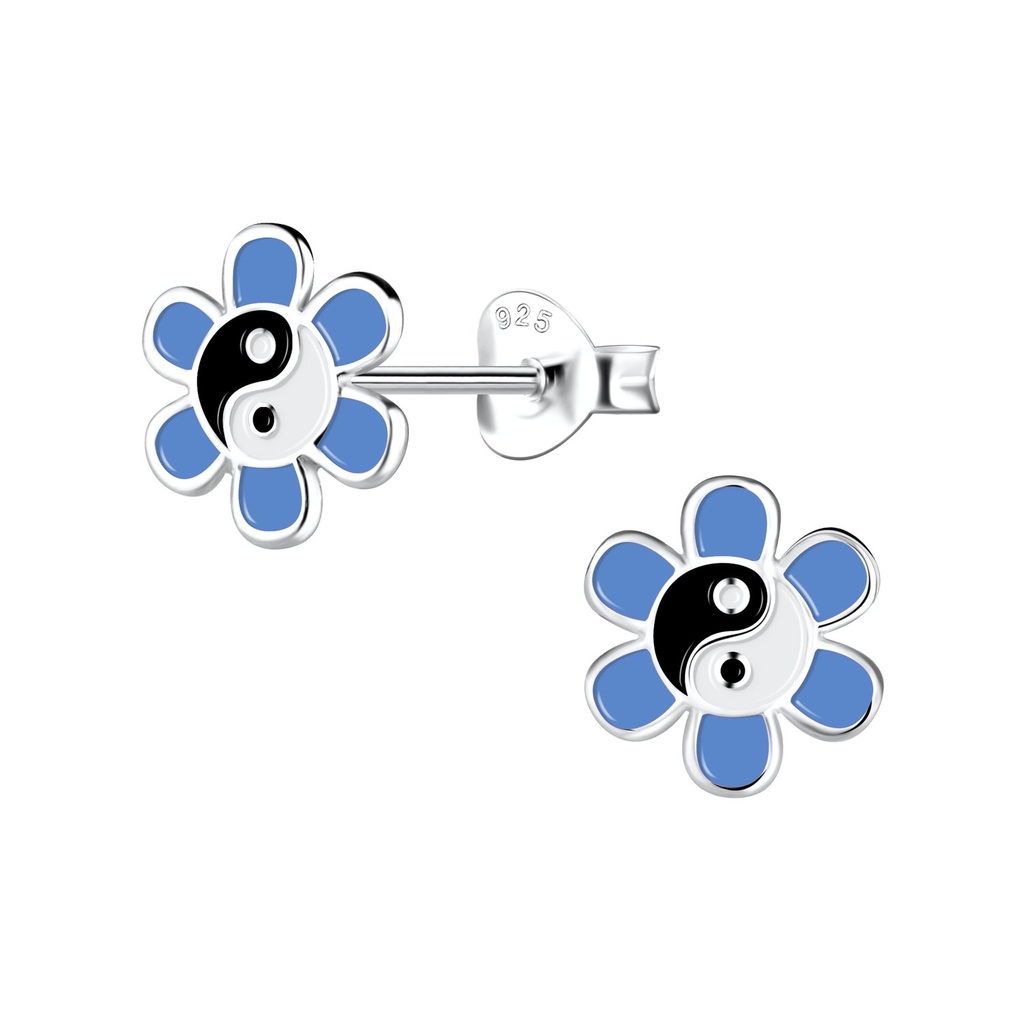 Silver Yin Yang Flower Stud Earrings