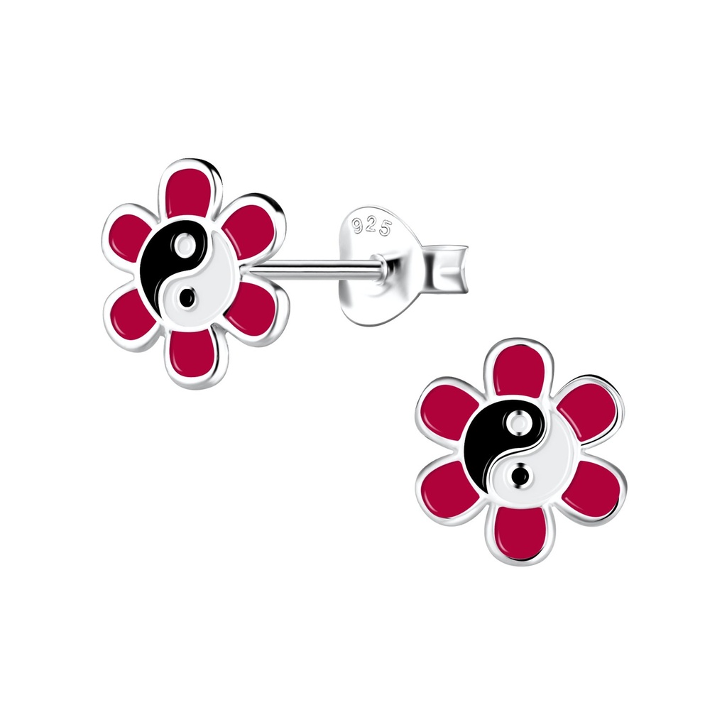 Puces d'oreilles fleur yin yang en argent