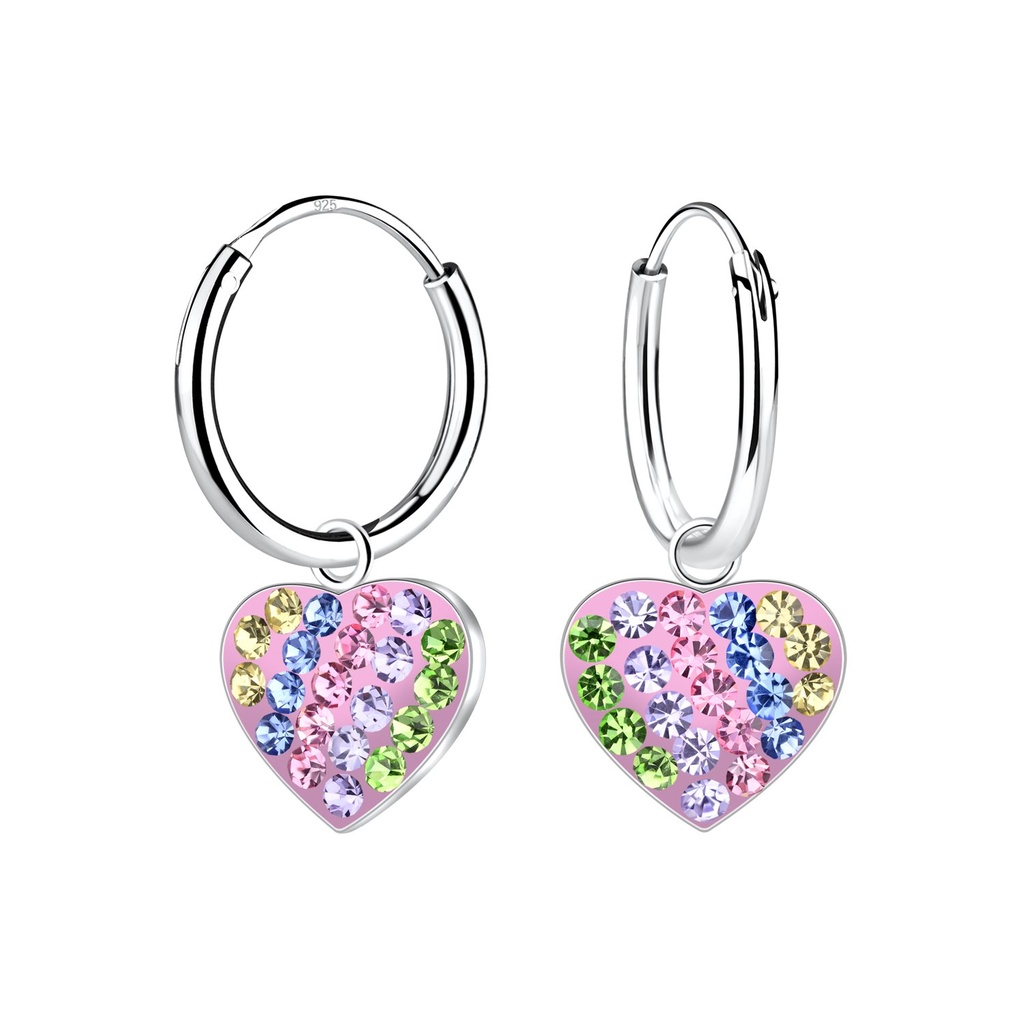 [10029845] Silver Heart Crystal Charm Hoop Earrings