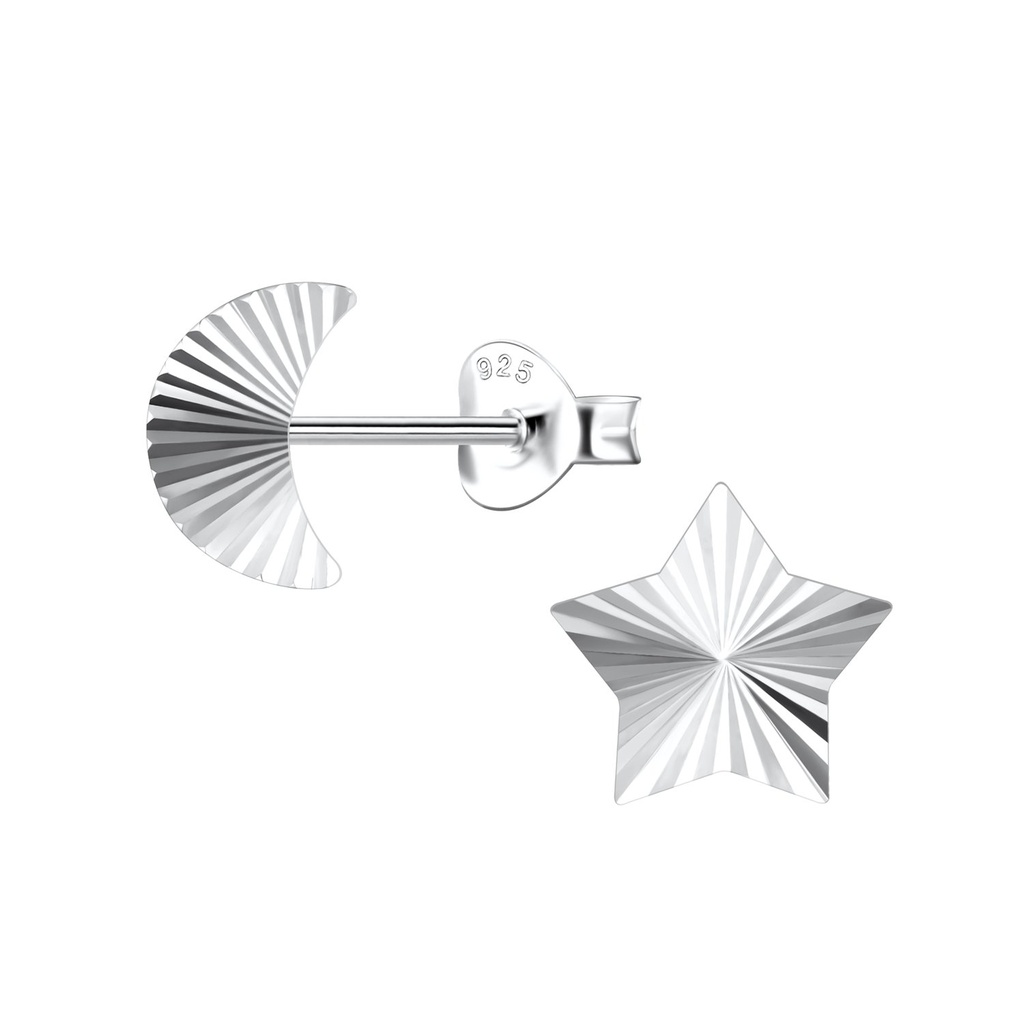 Silver Moon and Star Stud Earrings