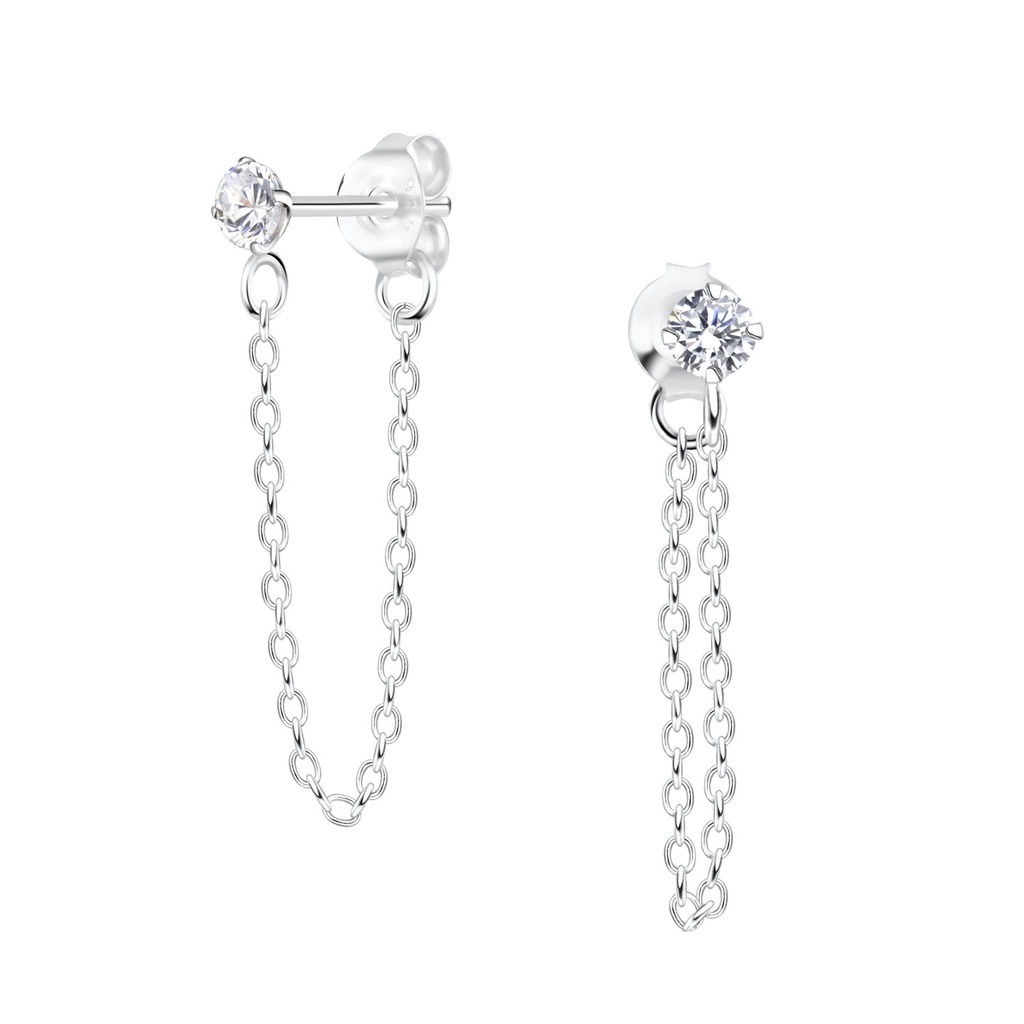 Puces d'oreilles en argent zircon rond 3 mm avec chaîne