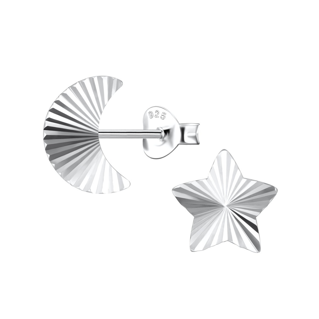 Puces d'oreilles lune et étoile en argent
