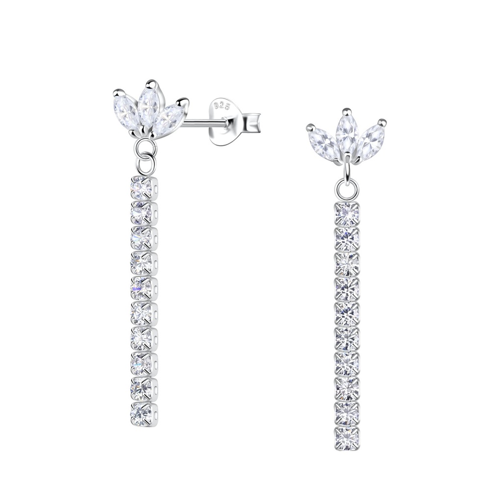 Puces d'oreilles fleur en argent avec chaîne tennis pendantes