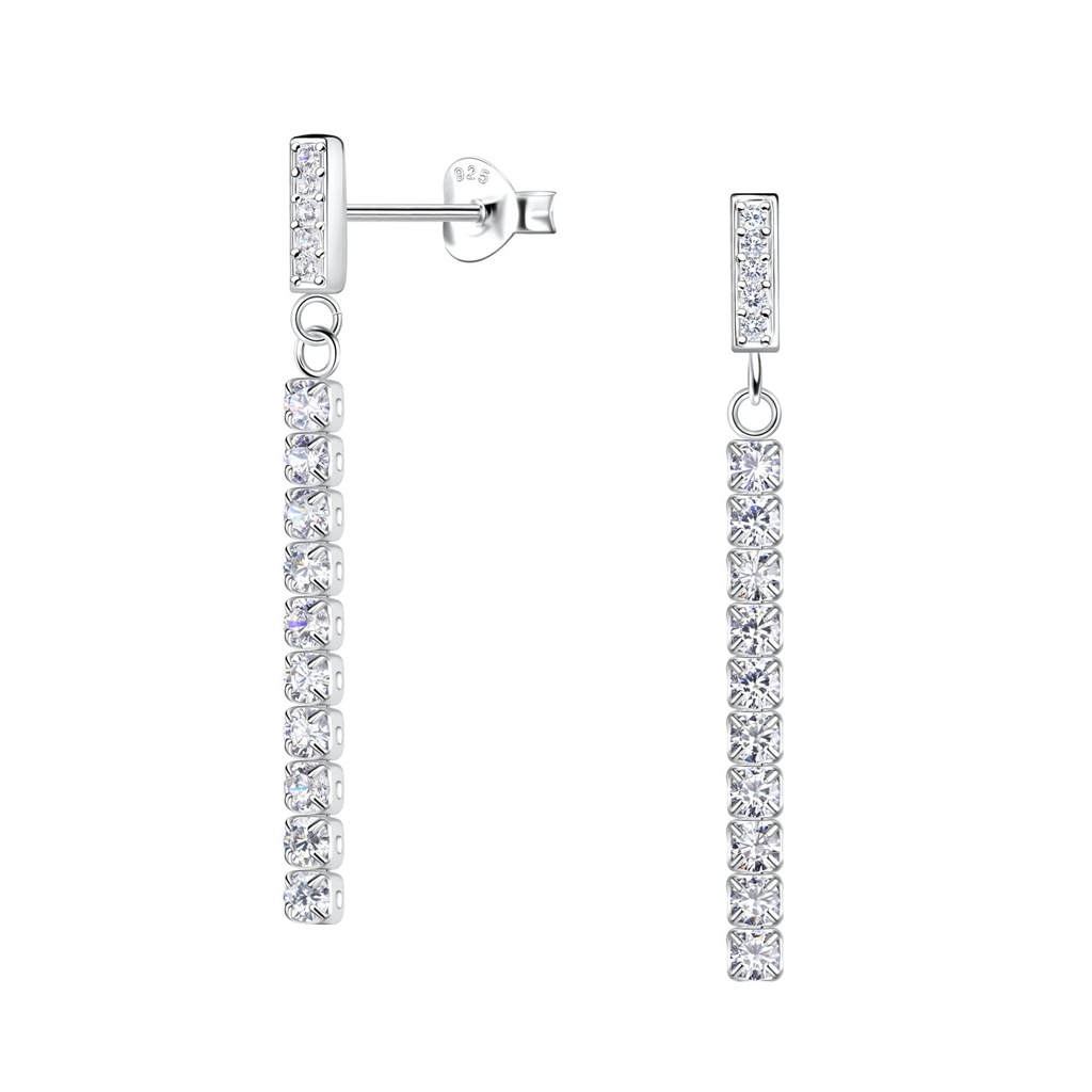 Silver Bar Stud Earrings with Hanging Tennis Chain