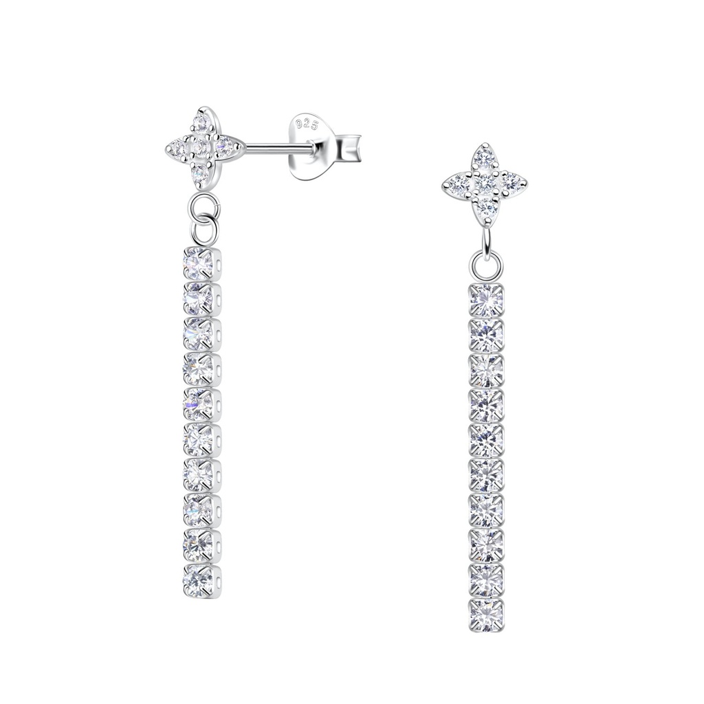 Puces d'oreilles fleur en argent avec chaîne tennis pendantes