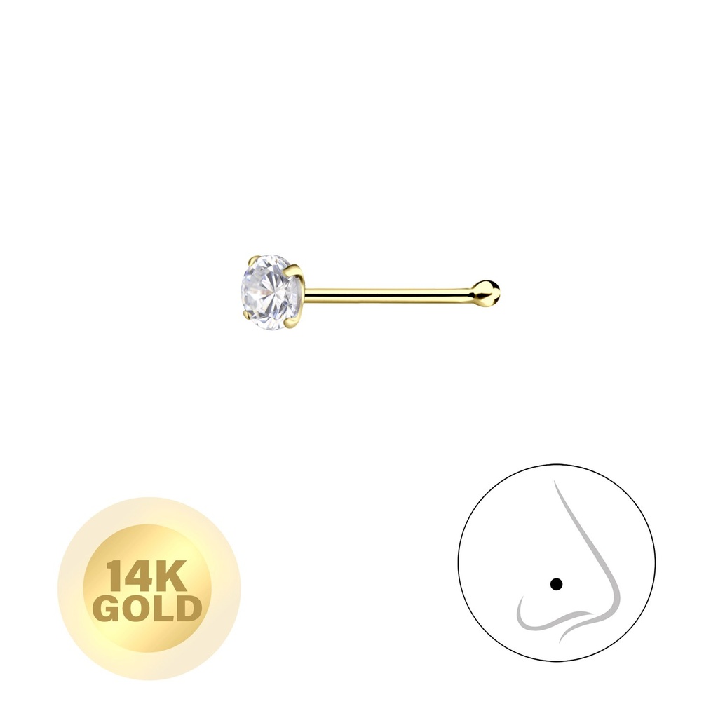 [10031440] Clou de nez en or massif 14K zircon rond 2.5 mm avec boule